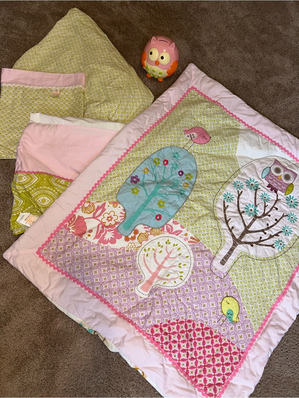 Y2K 2013 Pink and Green Quilted Baby Bedding Nursery Set w/ Tree & Owl Appliqué